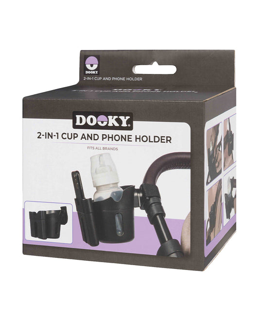 Dooky 2 in 1 Cup & Phone Holder-Clips Onto Stroller Handle Bars-Black