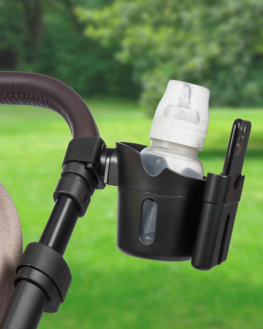 Dooky 2 in 1 Cup & Phone Holder-Clips Onto Stroller Handle Bars-Black