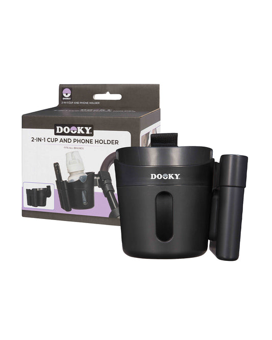 Dooky 2 in 1 Cup & Phone Holder-Clips Onto Stroller Handle Bars-Black
