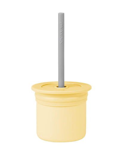 MinikOiOi Sip + Snack Cup-With Lid & Straw-100% Premium Silicone-Mellow Yellow & Powder Grey-For Infants