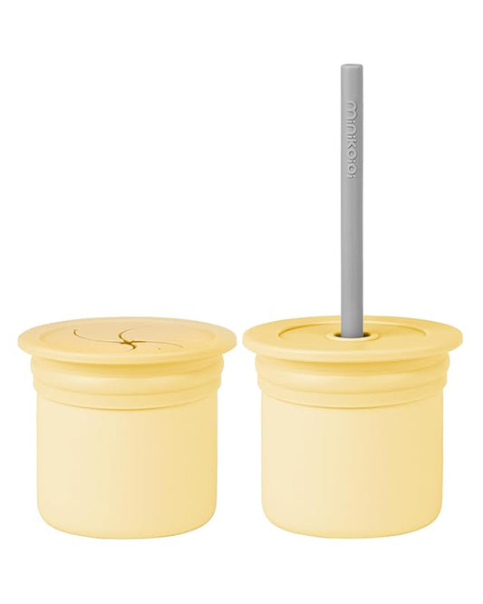 MinikOiOi Sip + Snack Cup-With Lid & Straw-100% Premium Silicone-Mellow Yellow & Powder Grey-For Infants