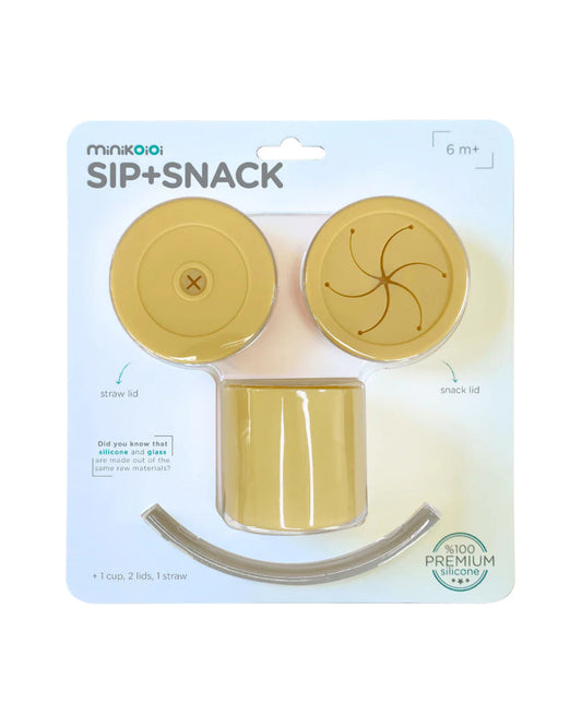 MinikOiOi Sip + Snack Cup-With Lid & Straw-100% Premium Silicone-Mellow Yellow & Powder Grey-For Infants