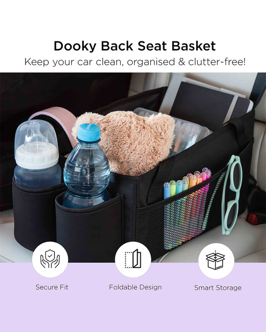 Dooky Back Seat Basket-Easy To Attach With Car Seat Belt-With Two Carry Handles & Multiple Storage Compartments-Black