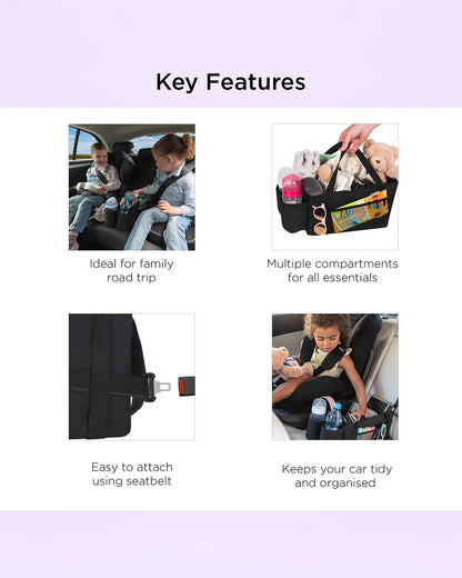 Dooky Back Seat Basket-Easy To Attach With Car Seat Belt-With Two Carry Handles & Multiple Storage Compartments-Black