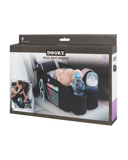 Dooky Back Seat Basket-Easy To Attach With Car Seat Belt-With Two Carry Handles & Multiple Storage Compartments-Black
