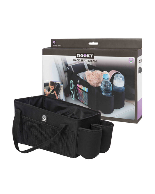Dooky Back Seat Basket-Easy To Attach With Car Seat Belt-With Two Carry Handles & Multiple Storage Compartments-Black