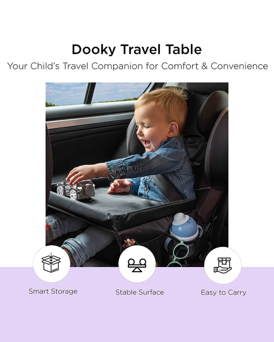 Dooky Travel Table-Sturdy With Raised Edges-Suitable For Cars, Trains, Airplanes & Car Seats-Easy To Clean-With Convenient Storage Compartments-Black