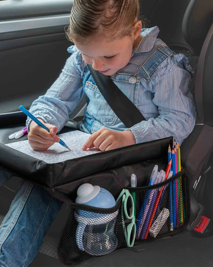 Dooky Travel Table-Sturdy With Raised Edges-Suitable For Cars, Trains, Airplanes & Car Seats-Easy To Clean-With Convenient Storage Compartments-Black