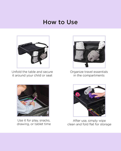 Dooky Travel Table-Sturdy With Raised Edges-Suitable For Cars, Trains, Airplanes & Car Seats-Easy To Clean-With Convenient Storage Compartments-Black