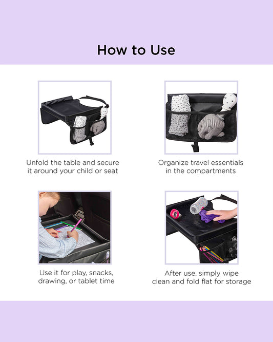 Dooky Travel Table-Sturdy With Raised Edges-Suitable For Cars, Trains, Airplanes & Car Seats-Easy To Clean-With Convenient Storage Compartments-Black