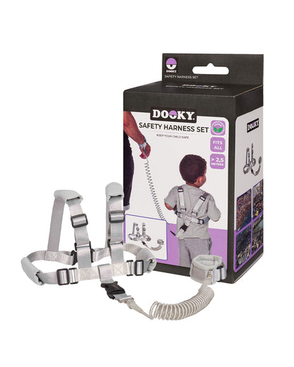 Dooky Anti Lost Safety Harness Set With Range of 2.5m-Baby Harness With Parent Wristband & Flexible Strap-Velcro Lock-Grey-6 to 36M