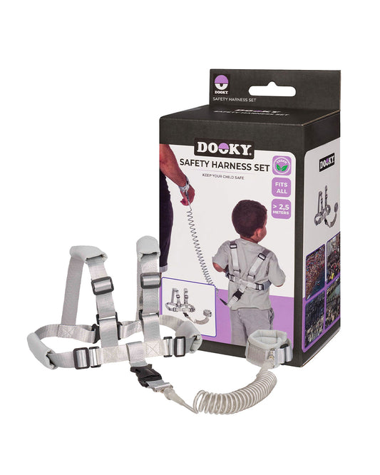 Dooky Anti Lost Safety Harness Set With Range of 2.5m-Baby Harness With Parent Wristband & Flexible Strap-Velcro Lock-Grey-6 to 36M