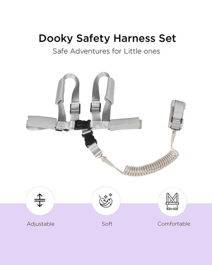 Dooky Anti Lost Safety Harness Set With Range of 2.5m-Baby Harness With Parent Wristband & Flexible Strap-Velcro Lock-Grey-6 to 36M