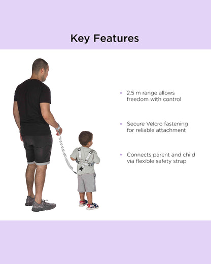 Dooky Anti Lost Safety Harness Set With Range of 2.5m-Baby Harness With Parent Wristband & Flexible Strap-Velcro Lock-Grey-6 to 36M