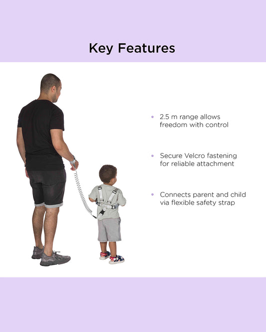 Dooky Anti Lost Safety Harness Set With Range of 2.5m-Baby Harness With Parent Wristband & Flexible Strap-Velcro Lock-Grey-6 to 36M