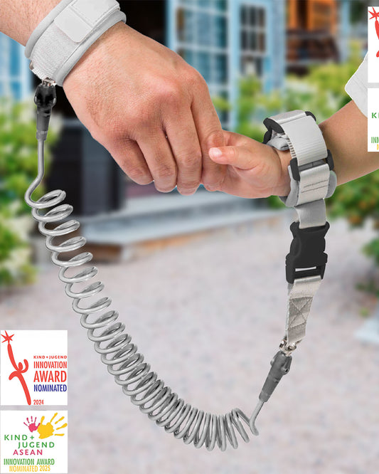 Dooky Anti Lost Safety Harness Set With Range of 2.5m-Baby Harness With Parent Wristband & Flexible Strap-Velcro Lock-Grey-6 to 36M