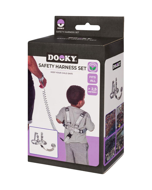Dooky Anti Lost Safety Harness Set With Range of 2.5m-Baby Harness With Parent Wristband & Flexible Strap-Velcro Lock-Grey-6 to 36M