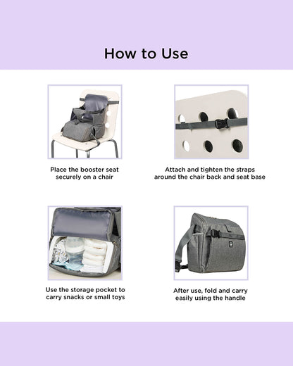 Dooky Diaper Bag That Converts Into Booster Seat-3 Point Harness-Increases Seating Height-With Convenient Storage Pockets-Easy To Carry With Carrying Handle-Grey
