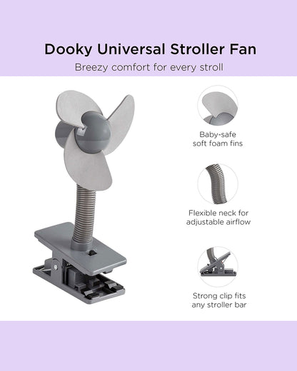 Dooky Stroller Fan Soft Foam-100% Baby Safe Soft Foam Fins-Clips Onto Stroller Bumper Bar-Flexible Neck-Requires Battery-Grey