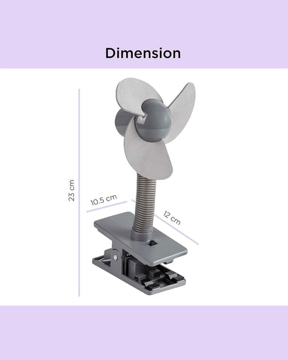 Dooky Stroller Fan Soft Foam-100% Baby Safe Soft Foam Fins-Clips Onto Stroller Bumper Bar-Flexible Neck-Requires Battery-Grey