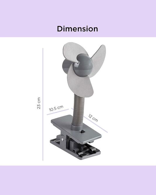 Dooky Stroller Fan Soft Foam-100% Baby Safe Soft Foam Fins-Clips Onto Stroller Bumper Bar-Flexible Neck-Requires Battery-Grey