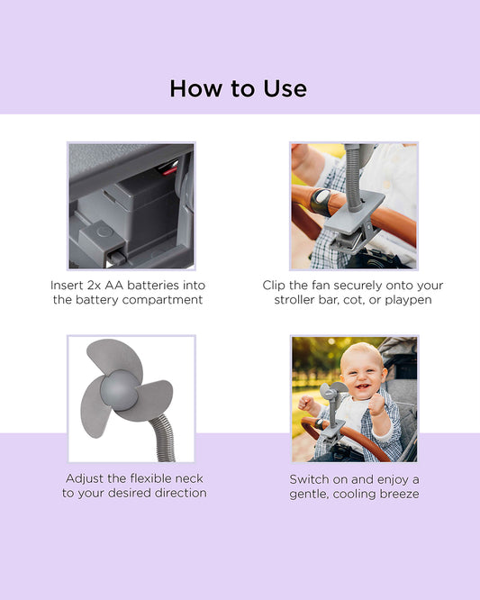 Dooky Stroller Fan Soft Foam-100% Baby Safe Soft Foam Fins-Clips Onto Stroller Bumper Bar-Flexible Neck-Requires Battery-Grey