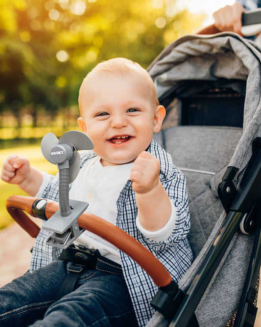 Dooky Stroller Fan Soft Foam-100% Baby Safe Soft Foam Fins-Clips Onto Stroller Bumper Bar-Flexible Neck-Requires Battery-Grey