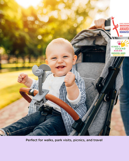 Dooky Stroller Fan Soft Foam-100% Baby Safe Soft Foam Fins-Clips Onto Stroller Bumper Bar-Flexible Neck-Requires Battery-Grey