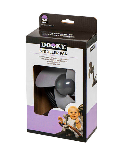 Dooky Stroller Fan Soft Foam-100% Baby Safe Soft Foam Fins-Clips Onto Stroller Bumper Bar-Flexible Neck-Requires Battery-Grey