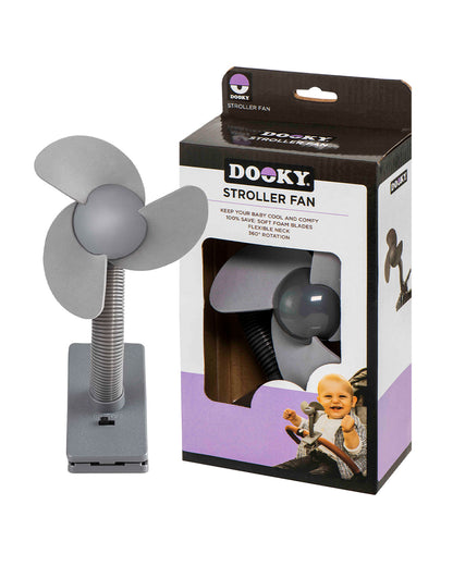 Dooky Stroller Fan Soft Foam-100% Baby Safe Soft Foam Fins-Clips Onto Stroller Bumper Bar-Flexible Neck-Requires Battery-Grey
