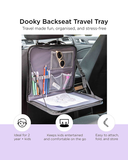 Dooky Backseat Travel Tray-Easy To Attach To The Headrest-Foldable & Compact-Integrated Table With Adjustable Angle & Raised Edge-Black