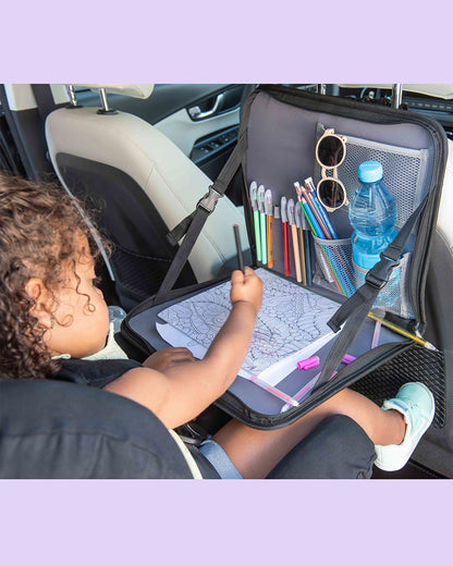 Dooky Backseat Travel Tray-Easy To Attach To The Headrest-Foldable & Compact-Integrated Table With Adjustable Angle & Raised Edge-Black