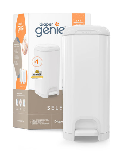 Diaper Genie Select Diaper Pail-Comes with Square Starter Refills-Stainless Steel-Holds upto 40 newborn diapers-Push N Lock clamp to prevent odour-Foot pedal for easy one-handed operation-White