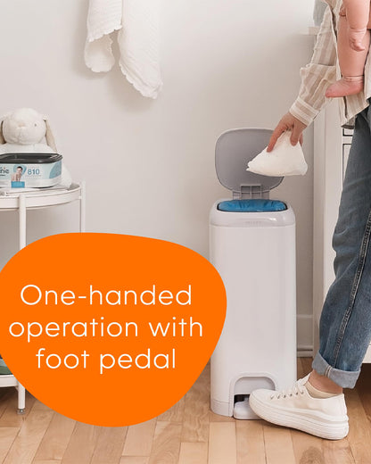 Diaper Genie Select Diaper Pail-Comes with Square Starter Refills-Stainless Steel-Holds upto 40 newborn diapers-Push N Lock clamp to prevent odour-Foot pedal for easy one-handed operation-White