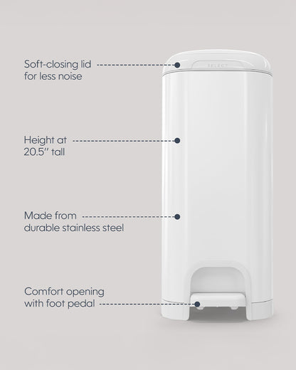 Diaper Genie Select Diaper Pail-Comes with Square Starter Refills-Stainless Steel-Holds upto 40 newborn diapers-Push N Lock clamp to prevent odour-Foot pedal for easy one-handed operation-White
