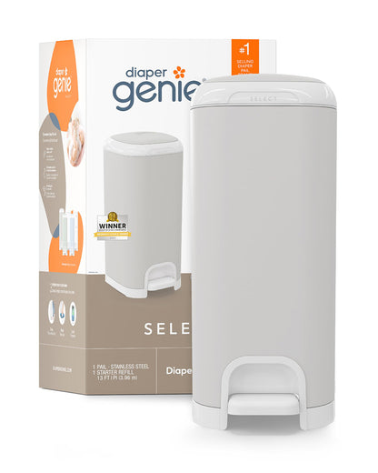 Diaper Genie Select Diaper Pail-Comes with Square Starter Refills-Stainless Steel-Holds upto 40 newborn diapers-Push N Lock clamp to prevent odour-Foot pedal for easy one-handed operation-Grey