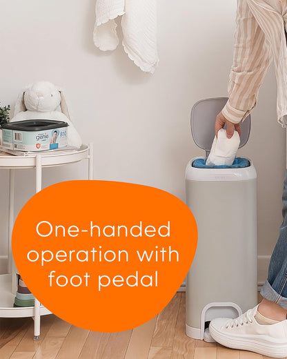 Diaper Genie Select Diaper Pail-Comes with Square Starter Refills-Stainless Steel-Holds upto 40 newborn diapers-Push N Lock clamp to prevent odour-Foot pedal for easy one-handed operation-Grey