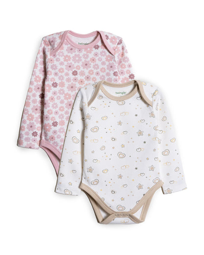 Twingle 100% Organic Cotton Bodysuits-Envelope Neck for Easy Dressing-Nickel Free Snaps-Long Sleeves-Solid-Pastel Pink & White-Pack of 2-For Infants