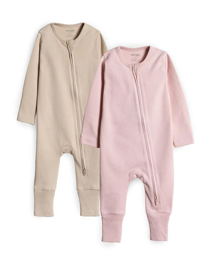 Twingle 100% Organic Cotton Baby Zipsuits-Sleepsuits-Two Way Zipper-Inbuilt Booties & Mittens-Beige & Pastel Pink-Solid-Pack of 2-For Infants