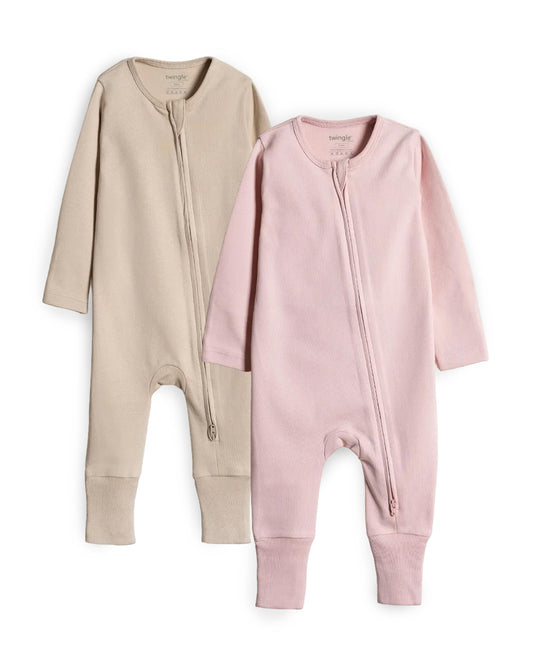 Twingle 100% Organic Cotton Baby Zipsuits-Sleepsuits-Two Way Zipper-Inbuilt Booties & Mittens-Beige & Pastel Pink-Solid-Pack of 2-For Infants