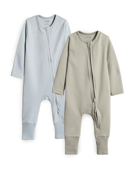 Twingle 100% Organic Cotton Baby Zipsuits-Sleepsuits-Two Way Zipper-Inbuilt Booties & Mittens-Sage Green & Light Blue-Solid-Pack of 2-For Infants