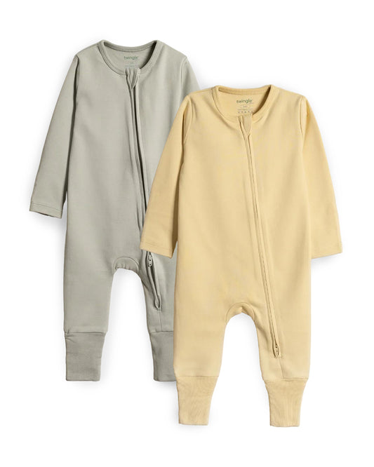 Twingle 100% Organic Cotton Baby Zipsuits-Sleepsuits-Two Way Zipper-Inbuilt Booties & Mittens-Sage Green & Yellow-Solid-Pack of 2-For Infants