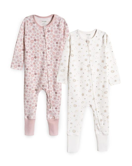 Twingle 100% Organic Cotton Baby Zipsuits-Sleepsuits-Two Way Zipper-Inbuilt Booties & Mittens-White & Pastel Pink-Hearts & Stars & Floral Print-Pack of 2-For Infants