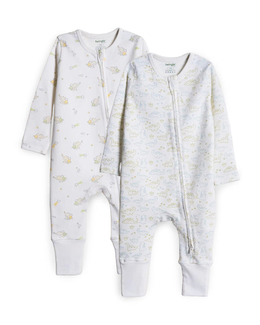 Twingle 100% Organic Cotton Baby Zipsuits-Sleepsuits-Two Way Zipper-Inbuilt Booties & Mittens-White-Elephant & Dino Print-Pack of 2-For Infants