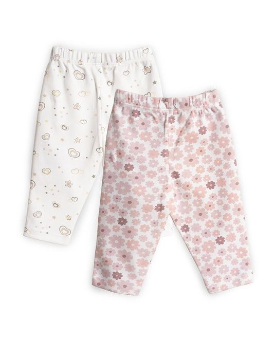 Twingle 100% Organic Cotton Baby Leggings-Pajamas Set-Gentle Waistband-Tag Free Comfort-Pastel Pink & White-Hearts & Stars & Floral Print-Pack of 2-For Infants