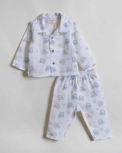 Twingle 100% Organic Muslin Nightsuit-Prevents Overheating-Naturally Temperature Regulating for Better Sleep-Soft Elasticated Waistband-Little Drivers-White-For Infants