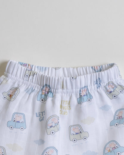 Twingle 100% Organic Muslin Nightsuit-Prevents Overheating-Naturally Temperature Regulating for Better Sleep-Soft Elasticated Waistband-Little Drivers-White-For Infants