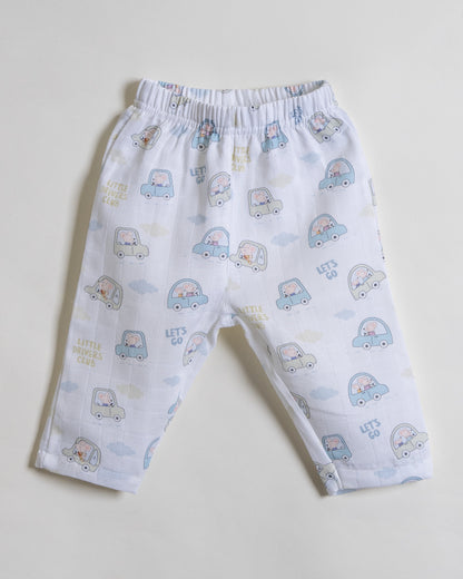 Twingle 100% Organic Muslin Nightsuit-Prevents Overheating-Naturally Temperature Regulating for Better Sleep-Soft Elasticated Waistband-Little Drivers-White-For Infants