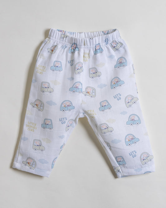 Twingle 100% Organic Muslin Nightsuit-Prevents Overheating-Naturally Temperature Regulating for Better Sleep-Soft Elasticated Waistband-Little Drivers-White-For Infants