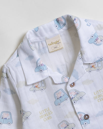 Twingle 100% Organic Muslin Nightsuit-Prevents Overheating-Naturally Temperature Regulating for Better Sleep-Soft Elasticated Waistband-Little Drivers-White-For Infants